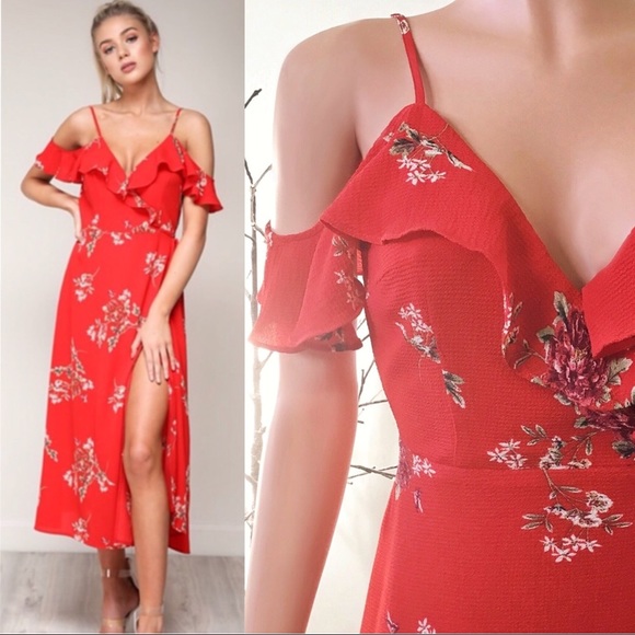 Off Shoulder Floral Wrap Butterfly Red Midi Dress - Picture 2 of 9